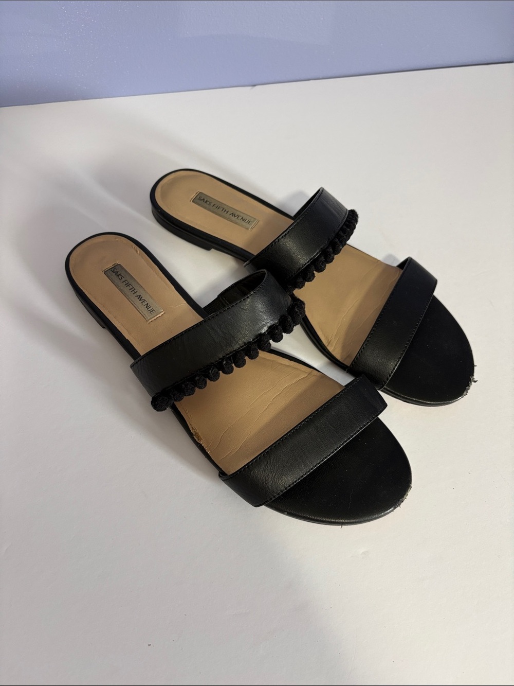 Saks Fifth Avenue Black Slide Sandals with Pom Trim - Women
